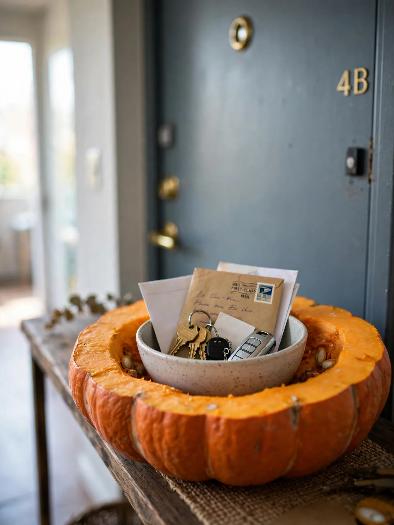 hollowed pumpkin used as catch-all bowl for keys by apartment door