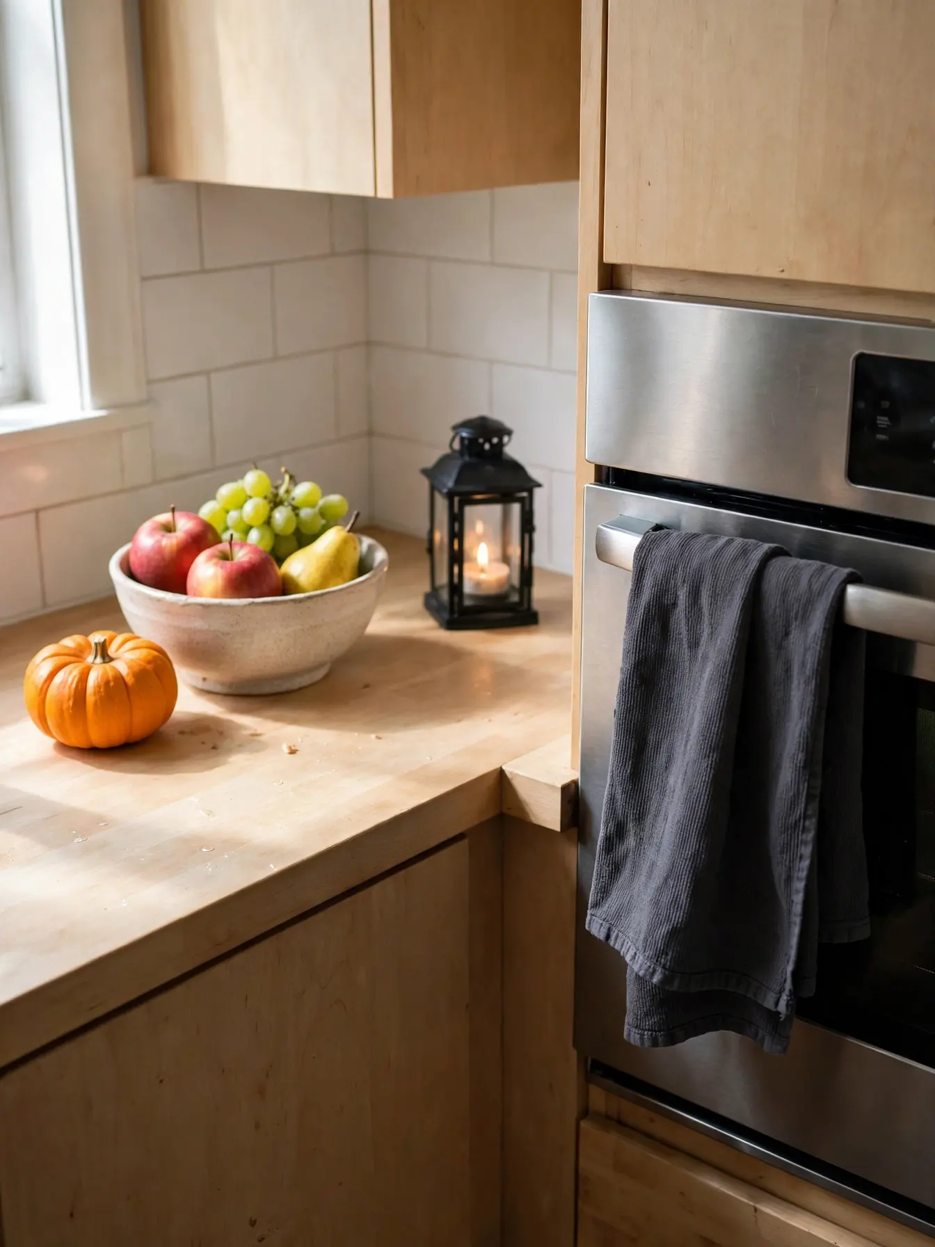 small kitchen counter with mini pumpkin dark towel and lantern for Halloween