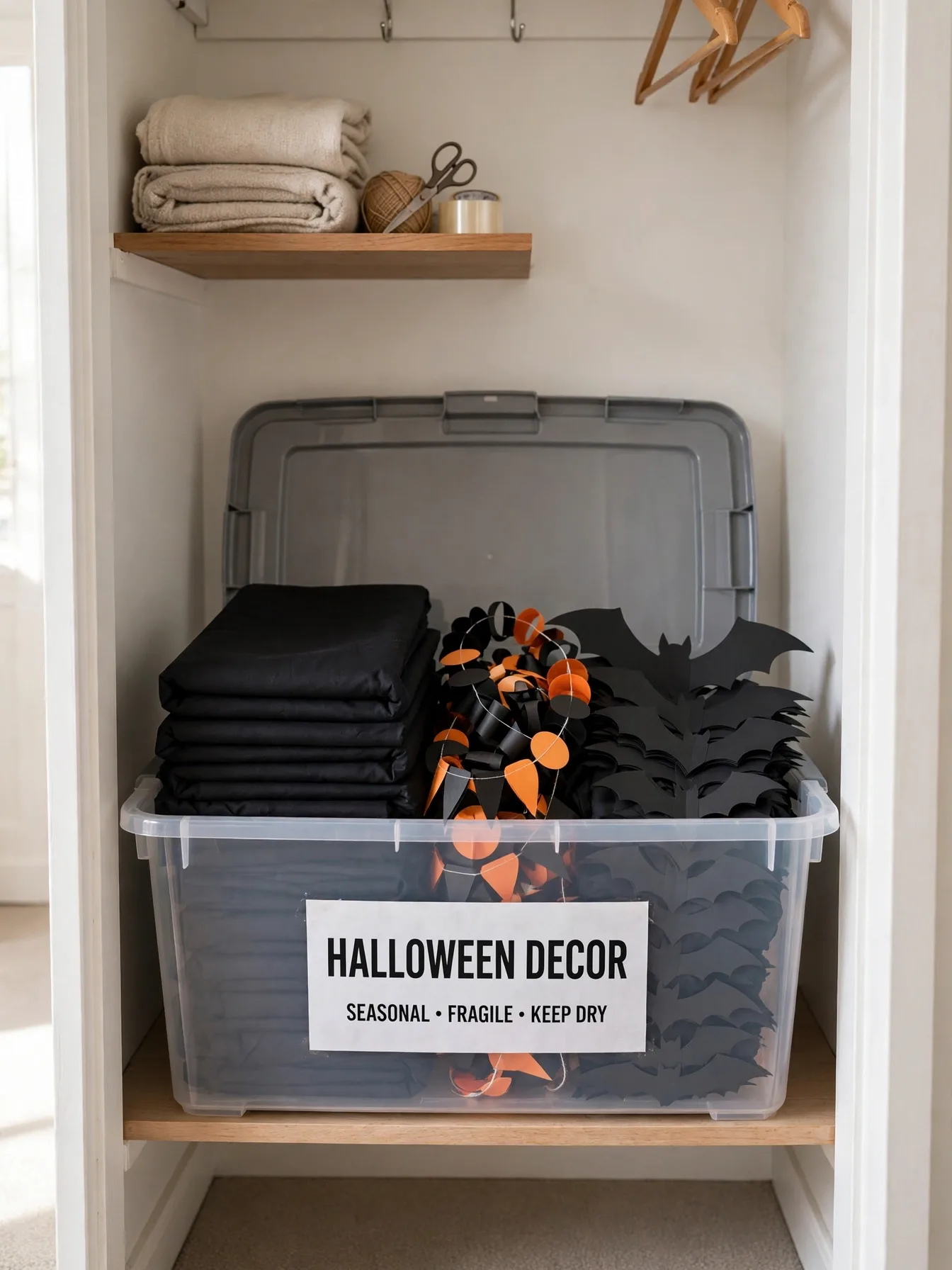 labeled storage bin packed with folded Halloween decorations
