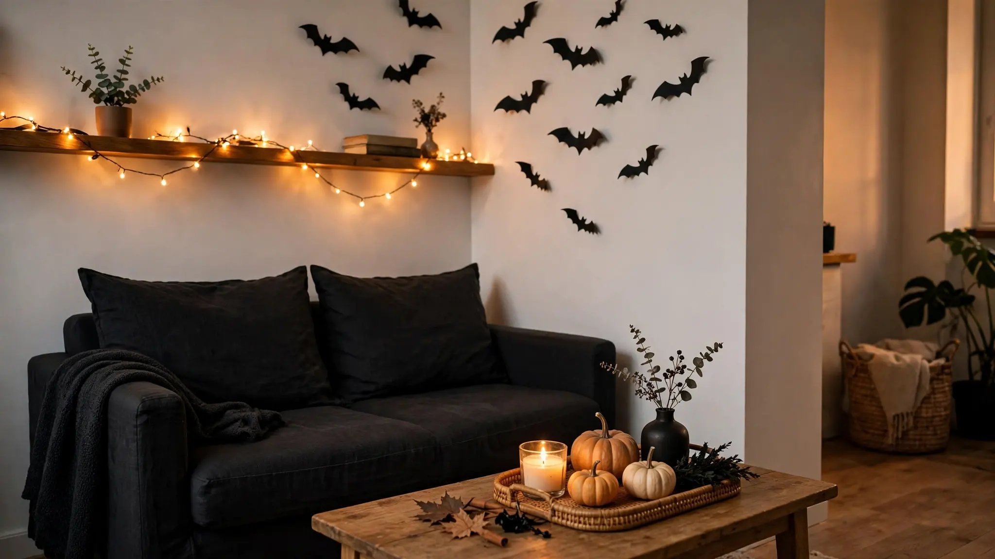 halloween decor for small apartments styled in a cozy living room corner with amber lights and pumpkins