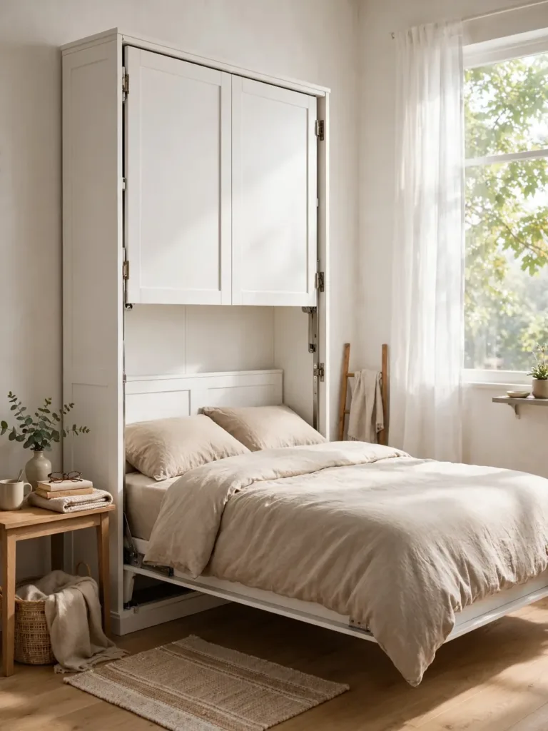 Tall white vertical murphy bed cabinet with the bed folded down in a small studio bedroom