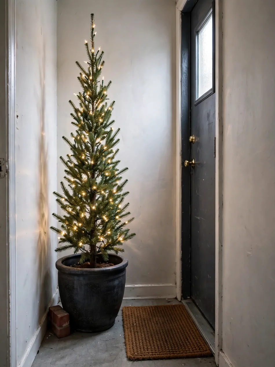 Slim pre-lit Christmas tree in a dark planter beside a small apartment entry door — an outdoor Christmas decoration for a small space