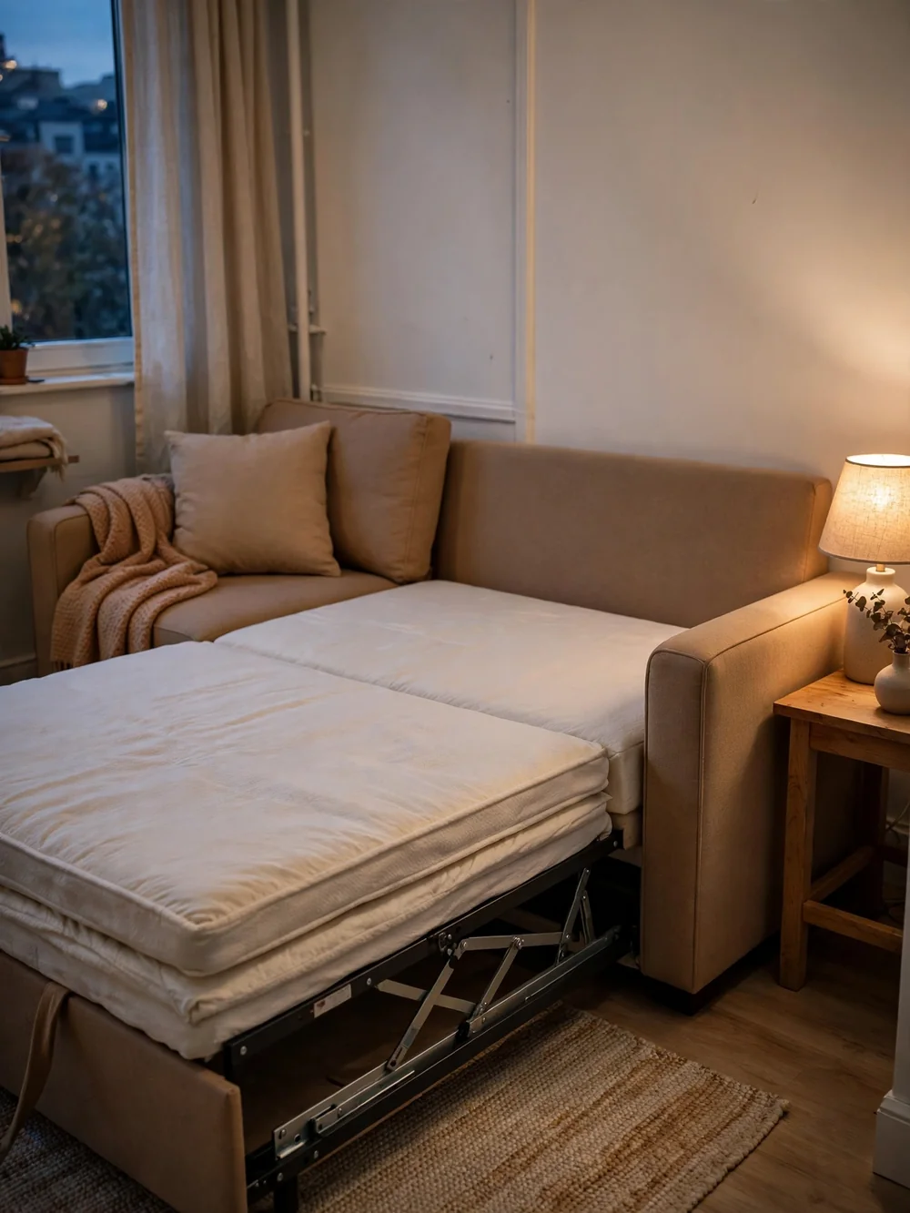 Narrow-footprint queen pull-out sofa bed with wall-hugger mechanism in a small apartment
