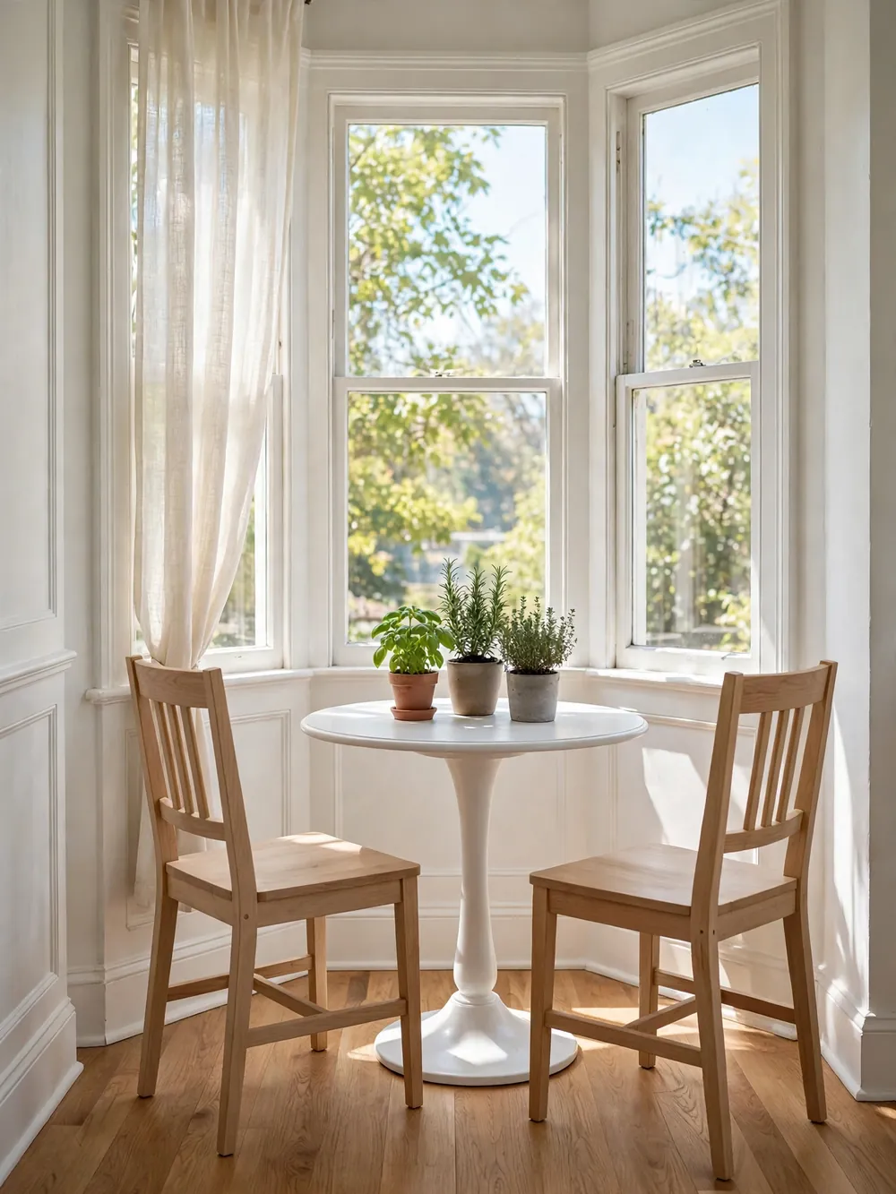 White round pedestal dining table for two in a sunny breakfast nook