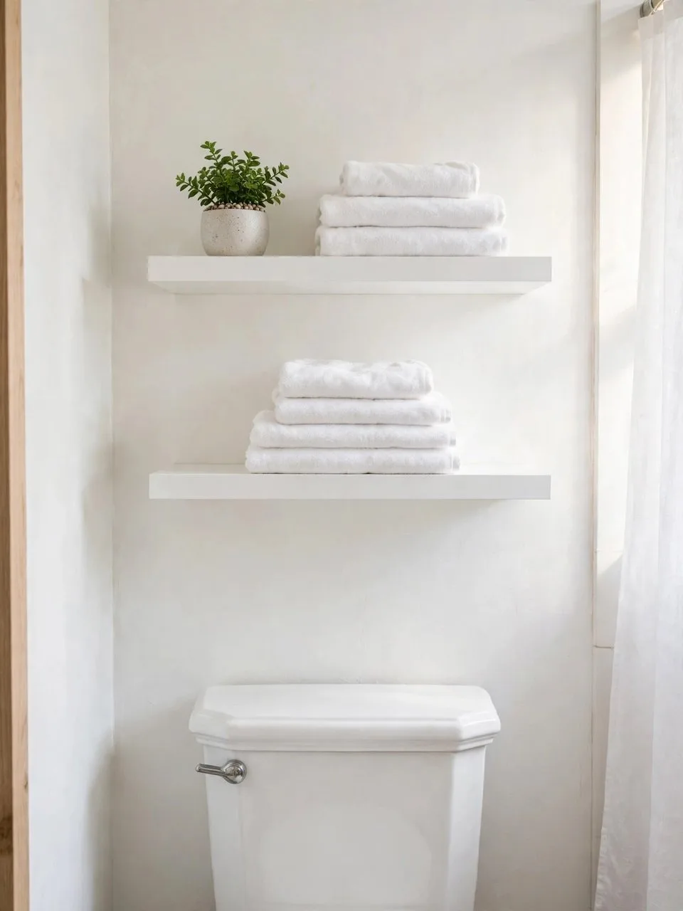 Floating shelves above the toilet with folded towels