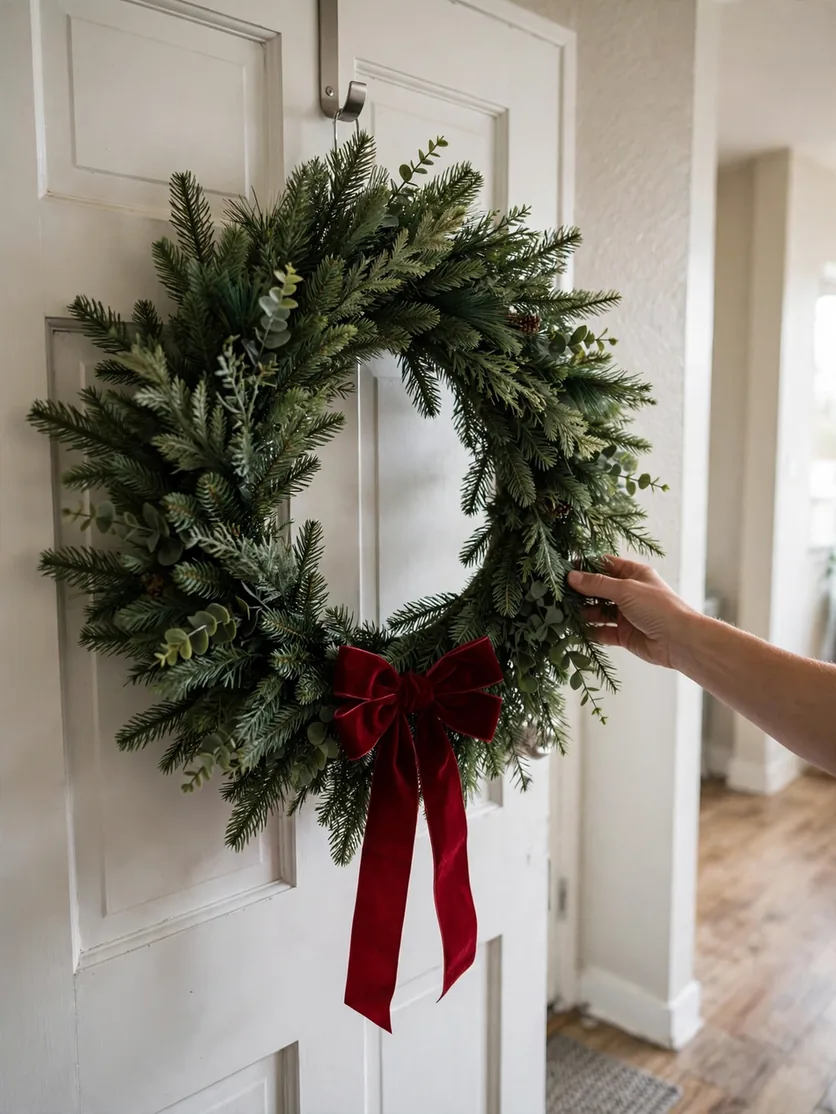 Large faux evergreen wreath with a red bow being hung on a white apartment door with an over-door hook