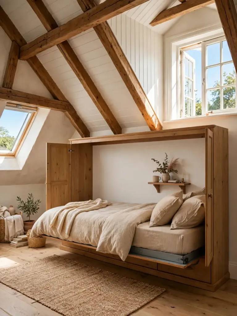 Horizontal murphy bed folded down sideways from a low wooden cabinet in an attic bedroom