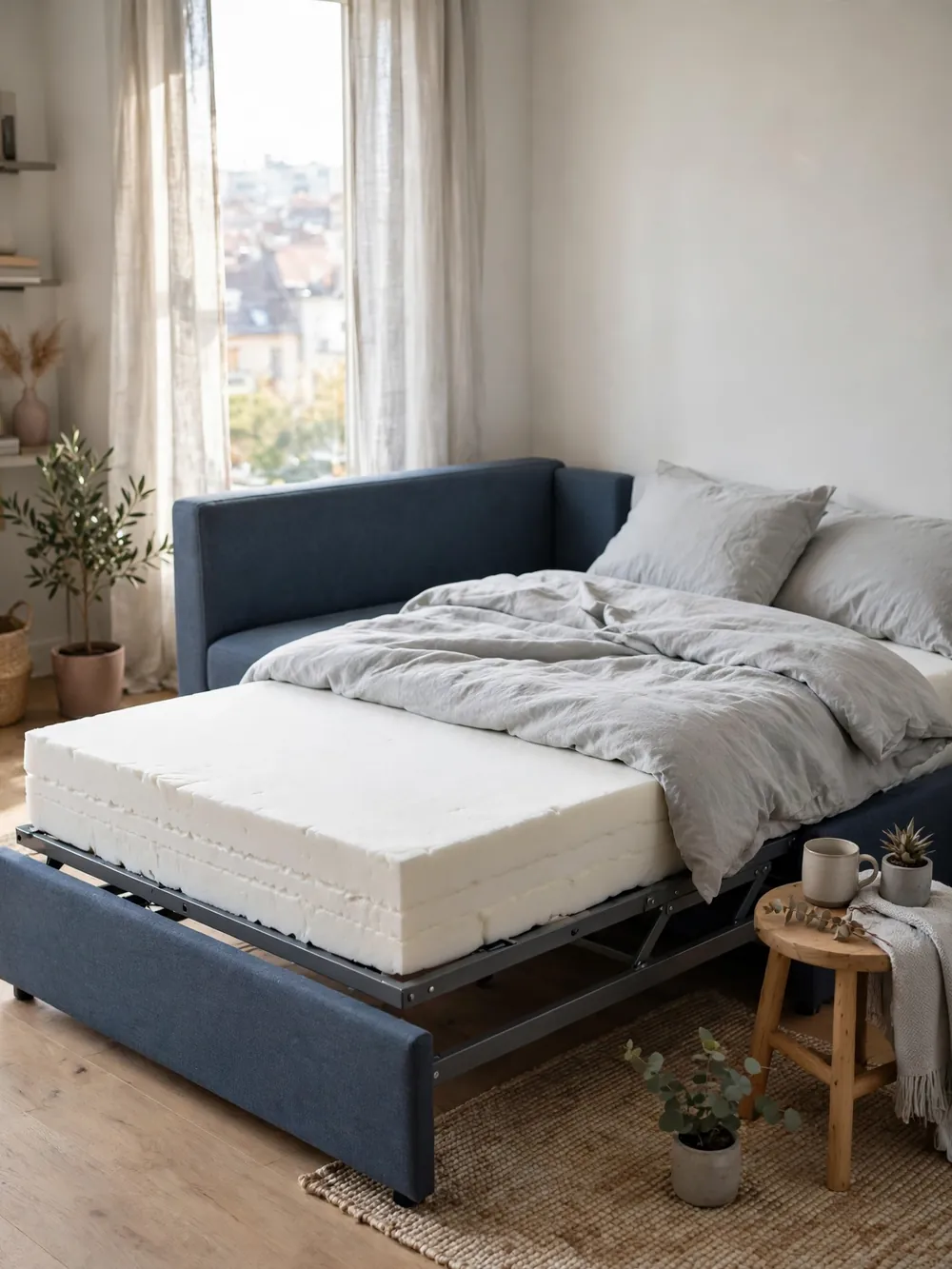 Apartment pull-out sofa bed with gel memory foam mattress, bed open