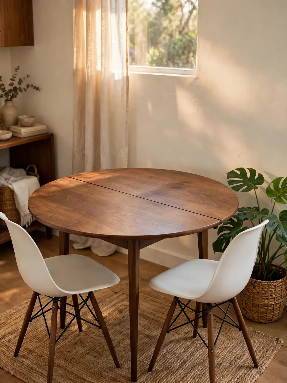 Walnut drop-leaf round dining table fully open as a circle with two molded chairs
