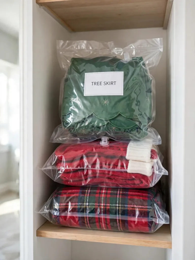 Vacuum-sealed bags holding a tree skirt, stockings, and a plaid throw stacked in a closet
