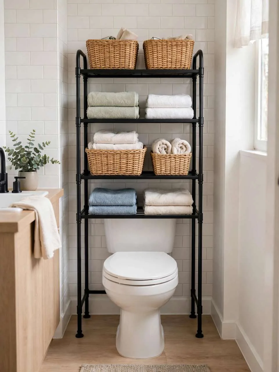 Freestanding over-toilet etagere with baskets in a small bathroom