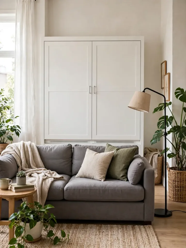 Sofa-front murphy bed: gray sofa placed in front of a closed white wall bed cabinet