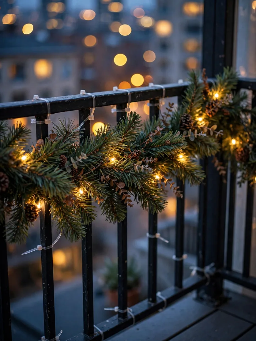 Apartment balcony railing wrapped in pine garland interwoven with warm fairy lights at dusk