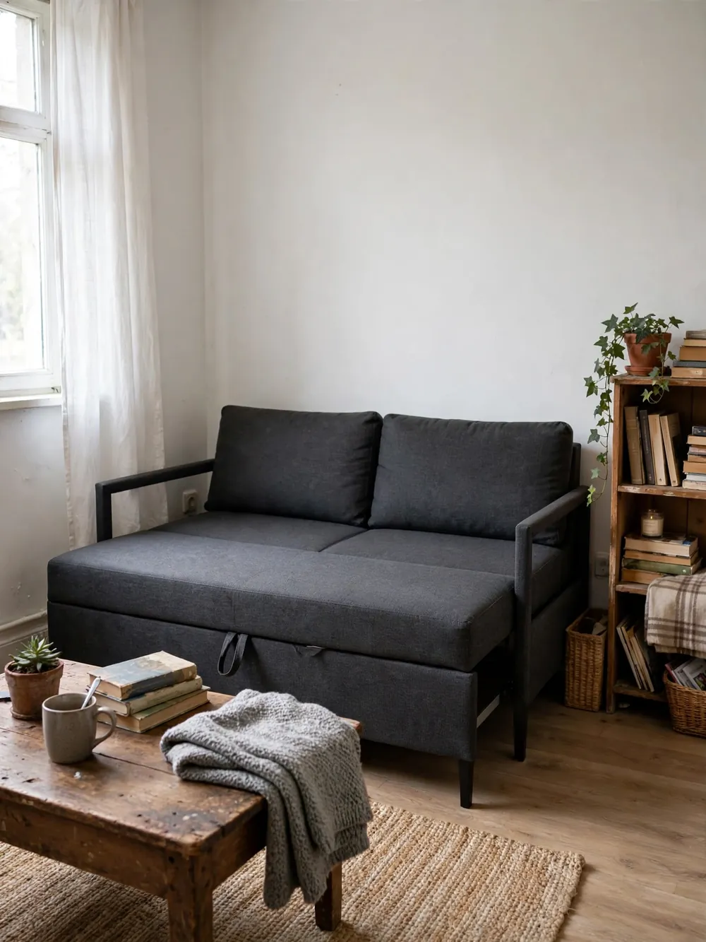 Budget pull-out sofa bed in a first apartment living room