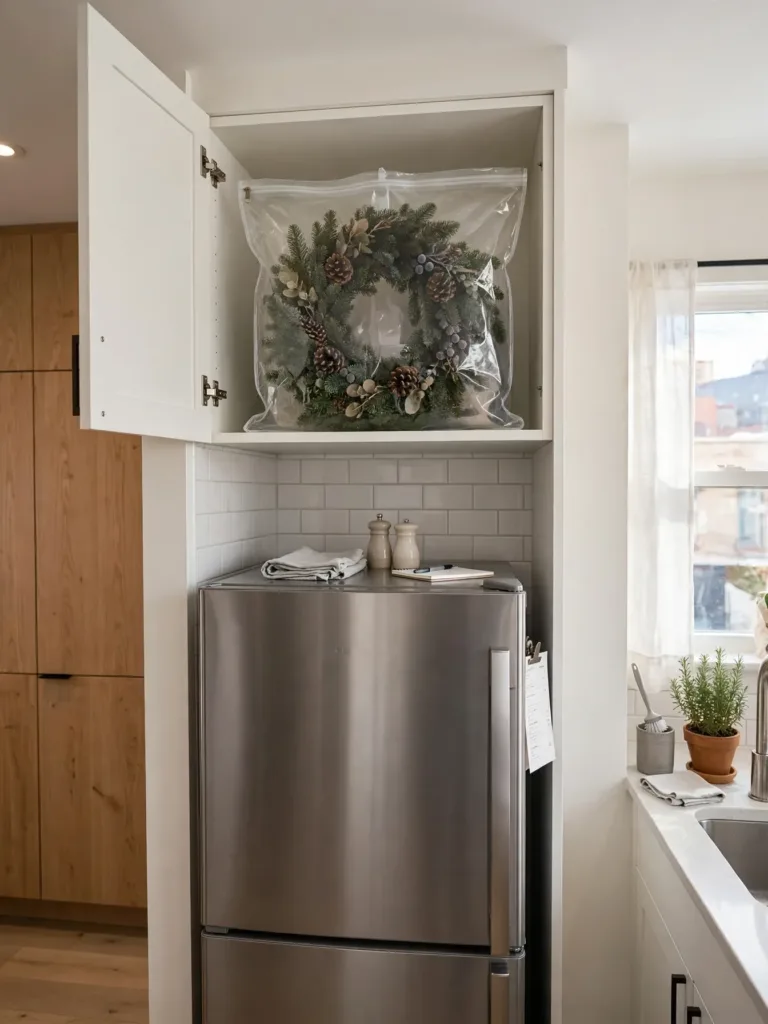 Christmas wreath inside a clear storage bag in the kitchen cabinet above the refrigerator