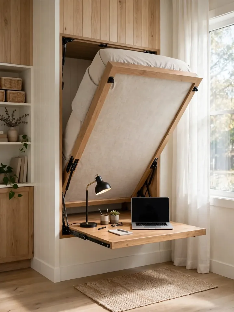 Murphy bed with desk combo: bed half-lowering above a wooden home-office desk