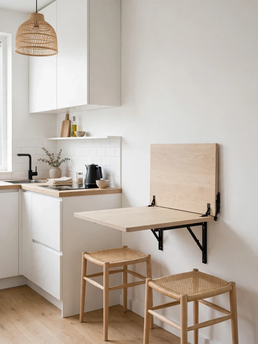 Wall-mounted fold-down dining table open in a small studio kitchen