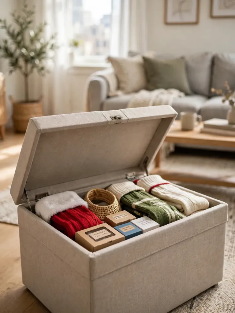 Storage ottoman with lid open revealing stockings, a tree collar, and ornament boxes