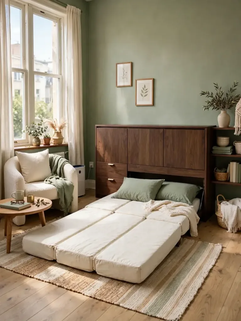 Cabinet bed disguised as a dark-wood dresser with the tri-fold bed partially pulled out