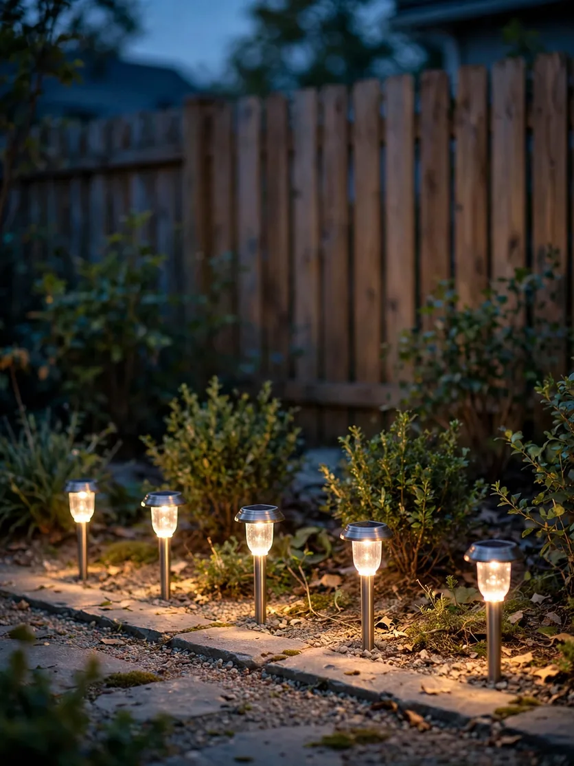 Warm-white solar stake lights glowing along the edge of a small patio path at dusk