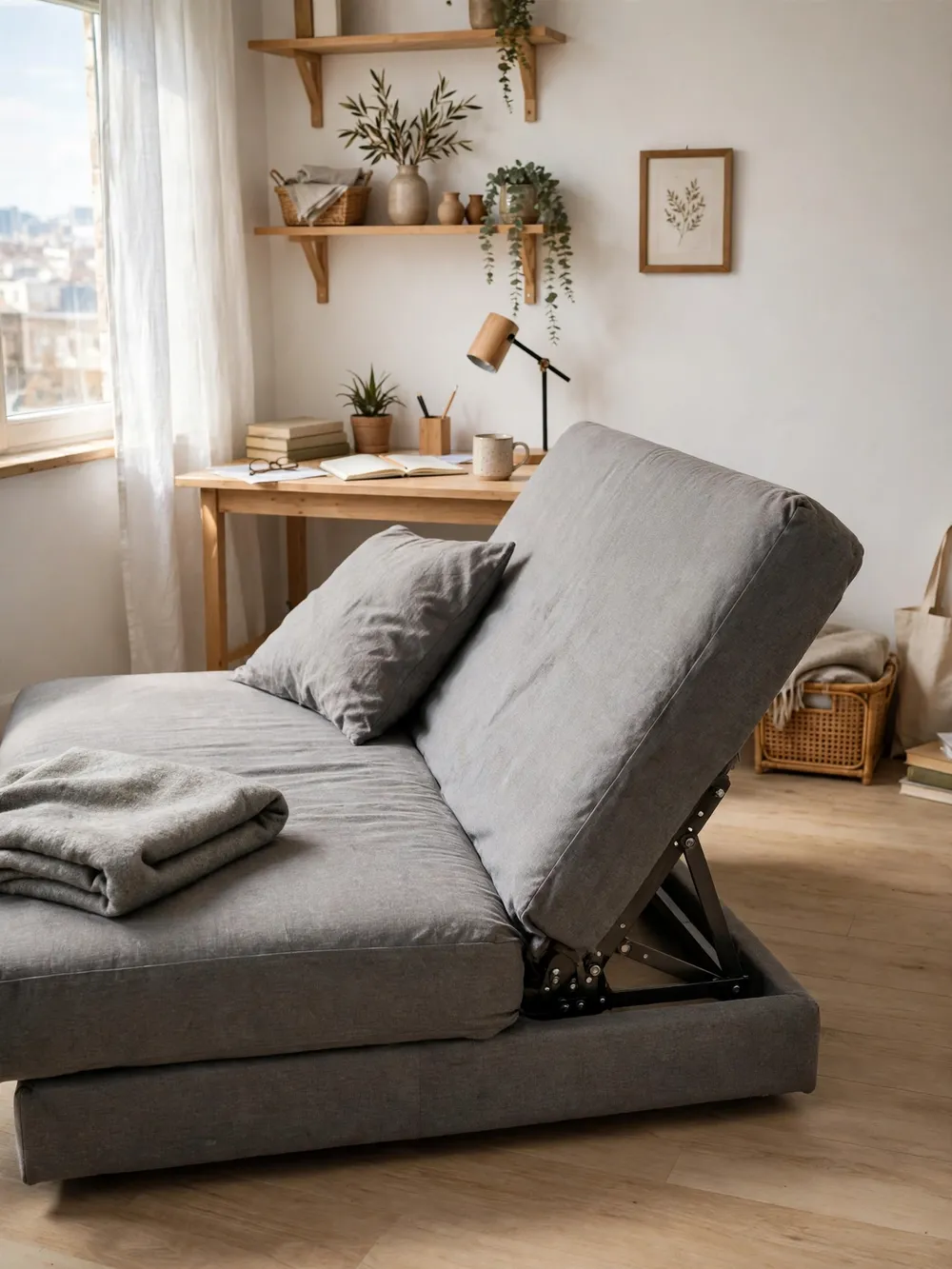 Classic click-clack sofa bed in a studio flat, backrest half-folded