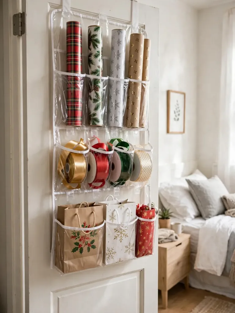 Clear over-the-door organizer on a closet door holding wrapping paper rolls, ribbon spools, and gift bags