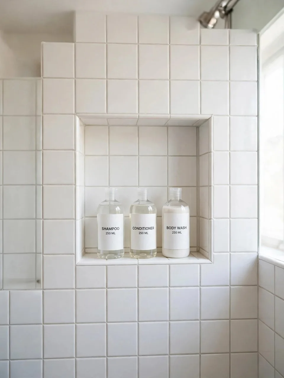 Shower niche with labeled bottles
