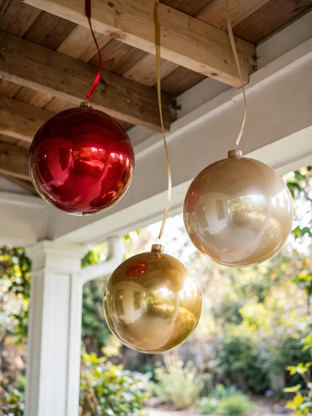 Three oversized shatterproof Christmas ornaments in red, gold and champagne hanging at staggered heights from a small covered porch ceiling