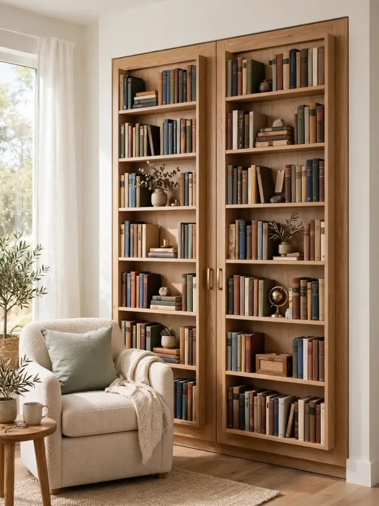 Bookshelf-front murphy bed disguised as a full wall of bookshelves