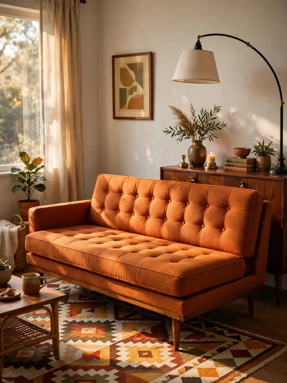 Mid-century tufted click-clack sofa bed with tapered legs