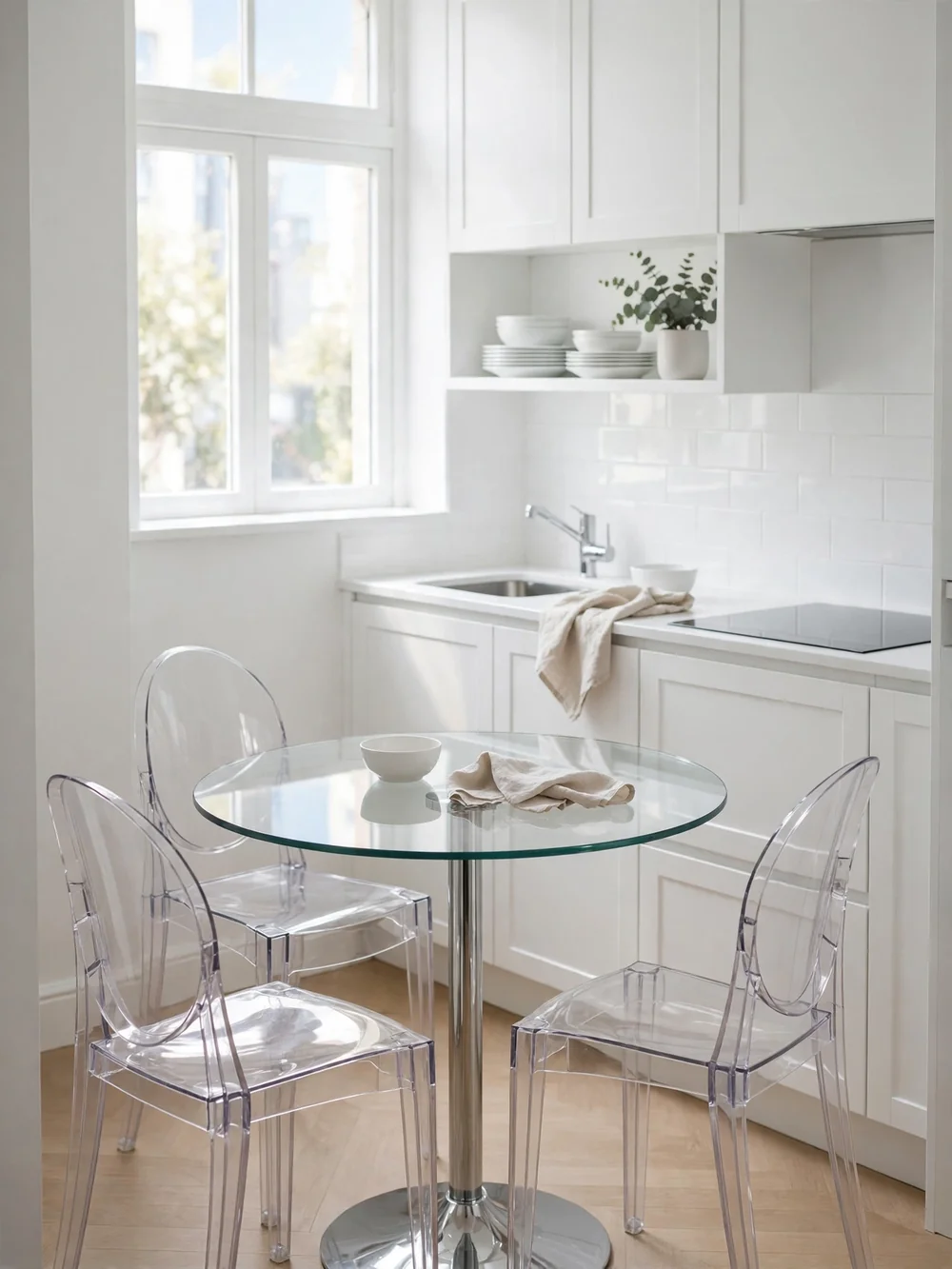 Round glass-top dining table with transparent chairs in a white kitchen