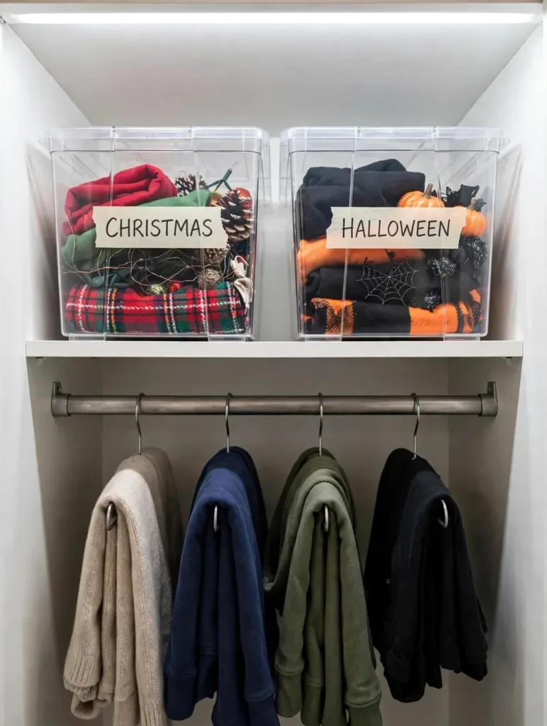 Clear bins labeled CHRISTMAS and HALLOWEEN on a closet top shelf above hanging clothes