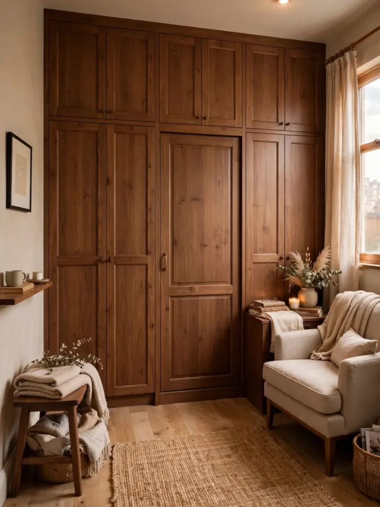 Wardrobe-style murphy bed closed within a floor-to-ceiling wardrobe wall