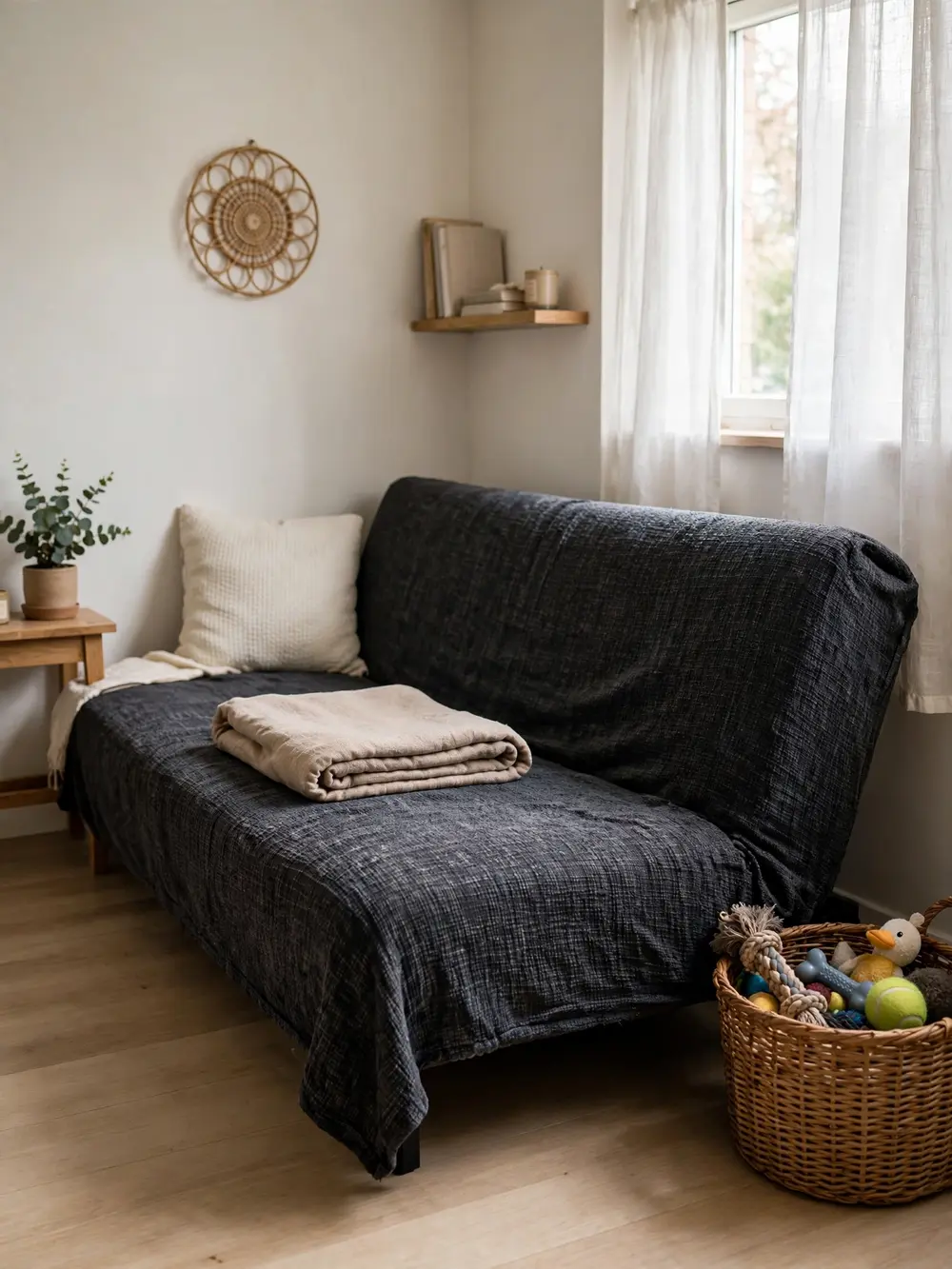 Pet-friendly futon sofa bed with washable covers and a dog blanket