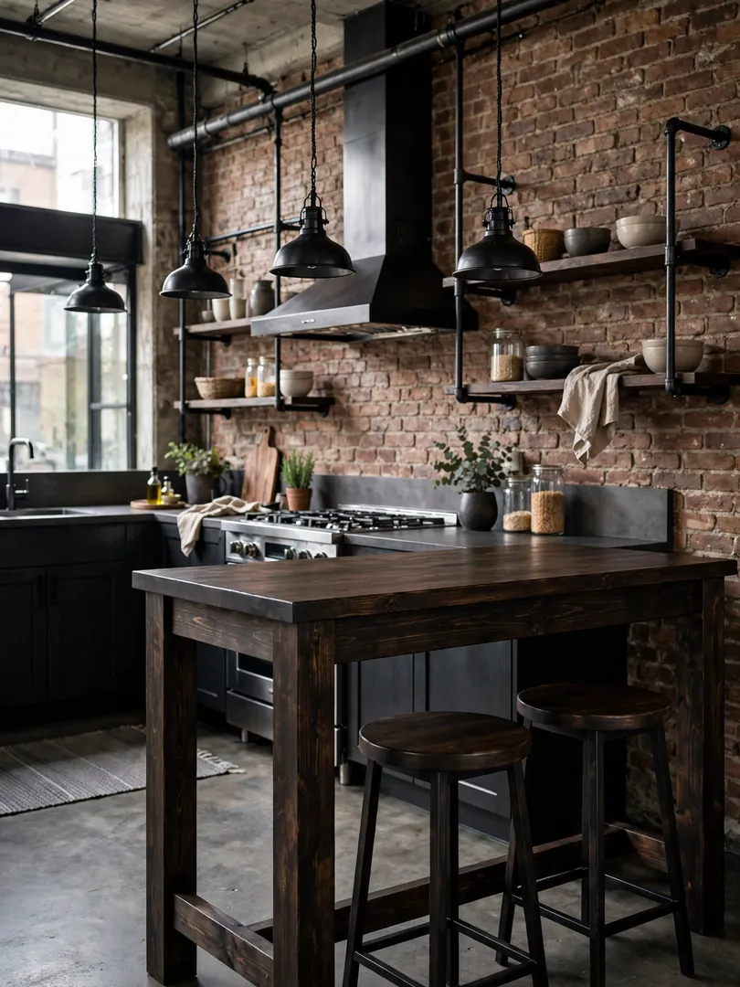 Counter-height pub table with stools tucked under in a loft kitchen