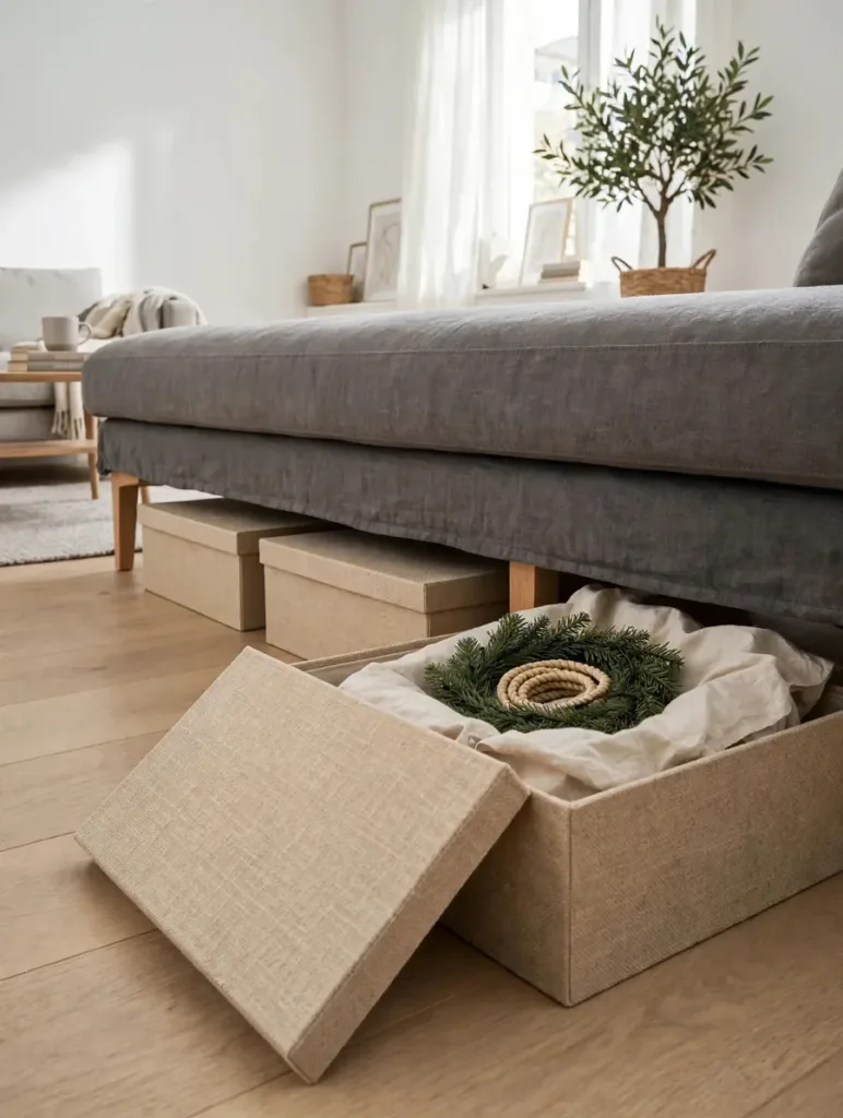 Shallow lidded boxes under a sofa, one pulled out showing a garland in a pillowcase