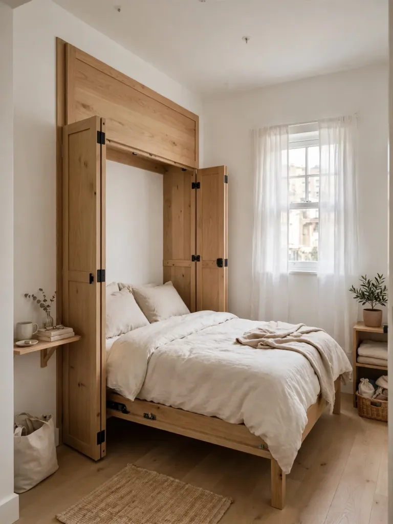 Modern minimalist murphy bed with bifold panel doors open and bed folded down
