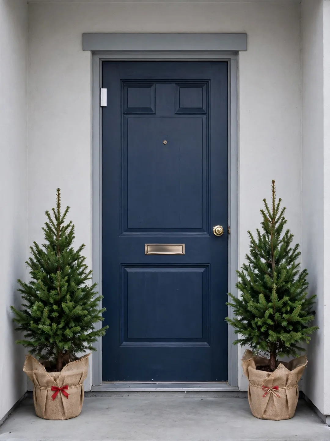 Two mini potted evergreens in burlap-wrapped pots with red bows flanking an apartment entry door