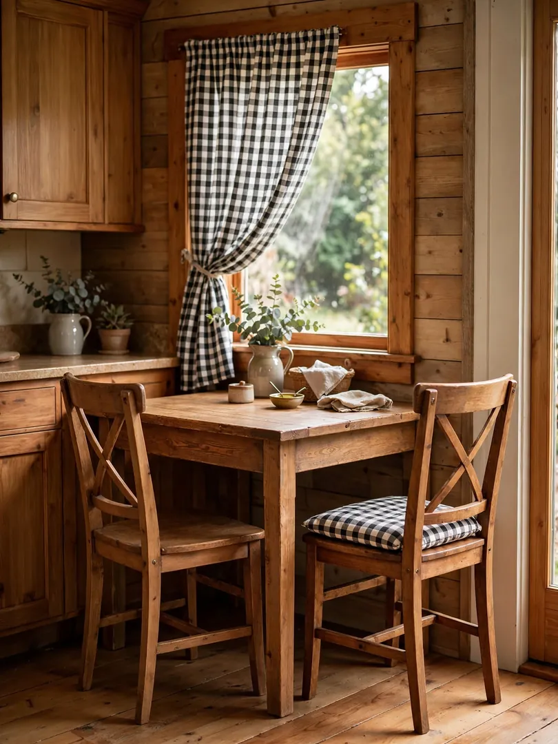 Square farmhouse dining table tucked into a kitchen corner