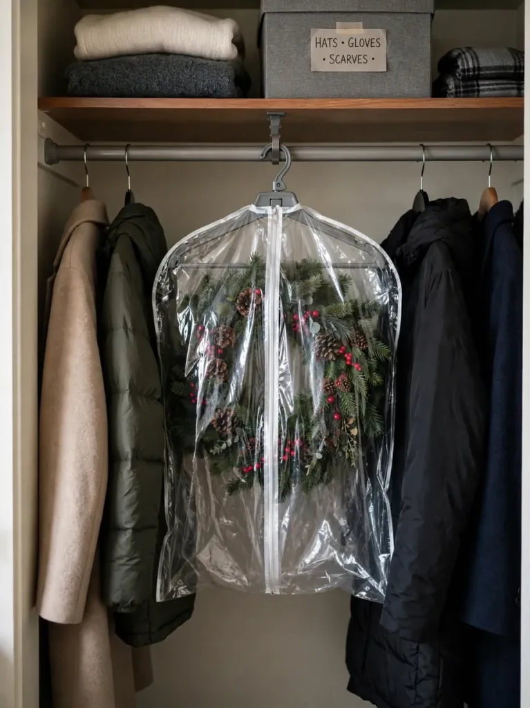 Christmas wreath in a clear garment bag hanging on a closet rod among coats