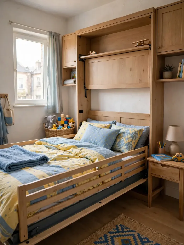 Twin murphy bed with safety guard rail folded down in a small kids bedroom