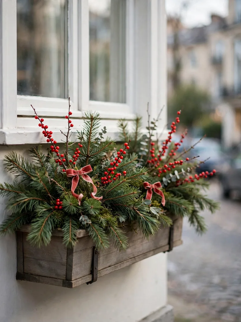 Christmas window box packed with pine boughs, red winterberry stems and small bows