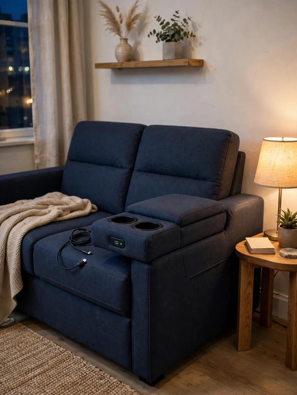 Sleeper loveseat with built-in USB charging hub and cup holders in armrest