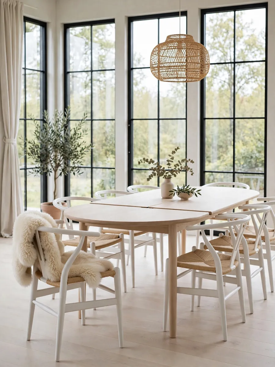 Extended pale-wood oval dining table in a Scandinavian dining corner