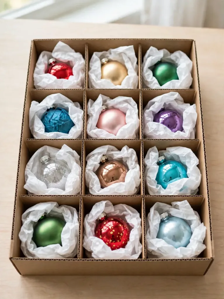 Open cardboard ornament box with individual cells holding tissue-wrapped glass baubles
