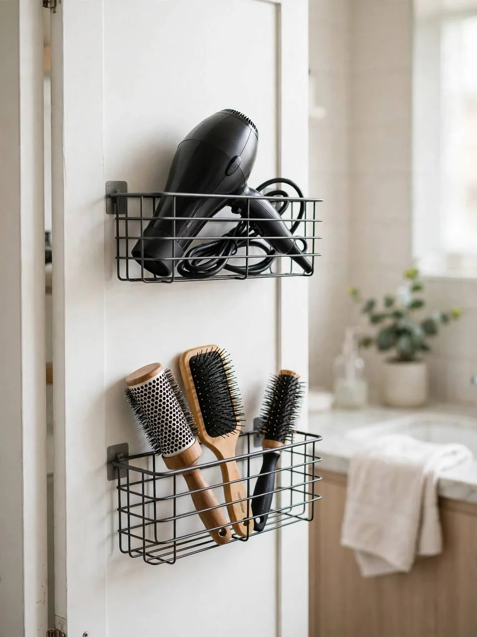 Adhesive baskets mounted inside a cabinet door