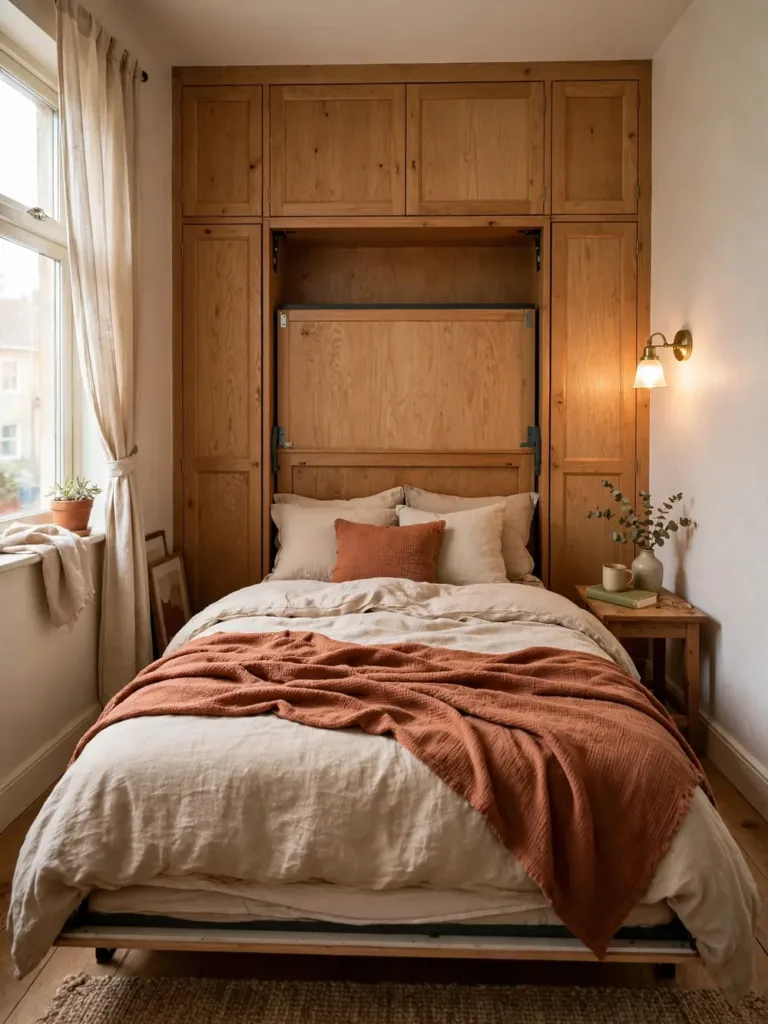 Queen murphy bed folded down with layered bedding in a small primary bedroom