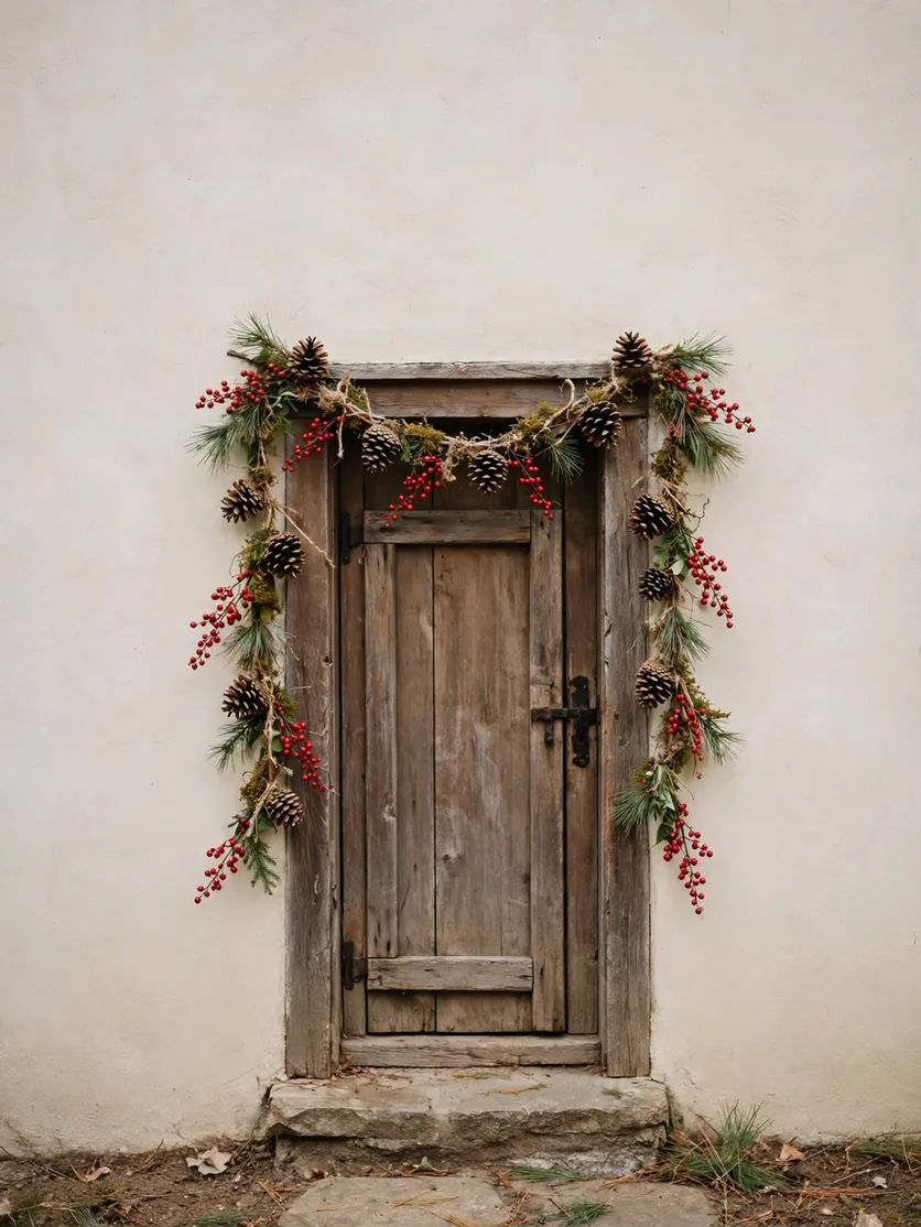 Handmade garland of pinecones and red berry sprigs draped over a small wooden door frame — a DIY outdoor Christmas decoration