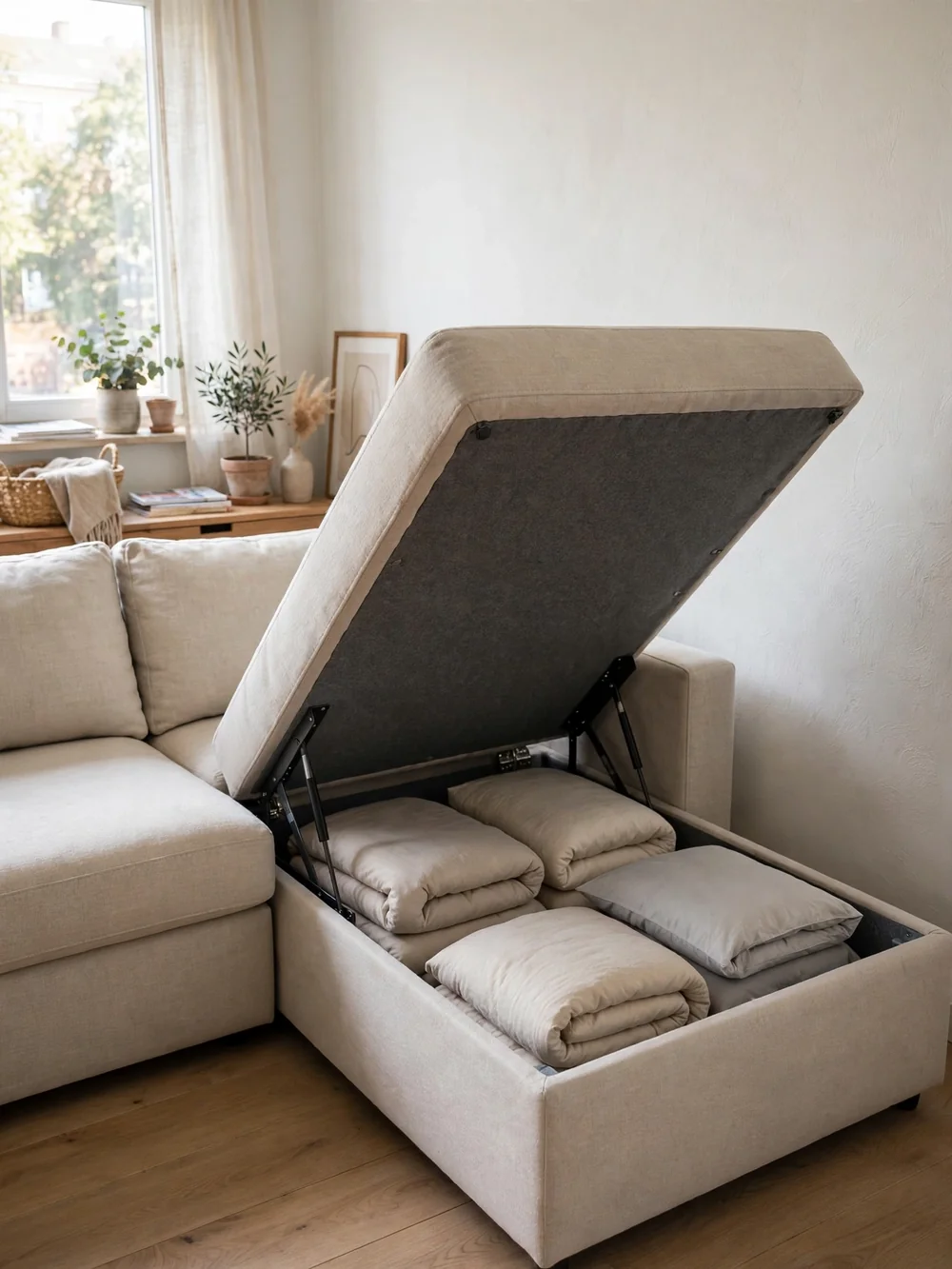 Storage chaise sleeper sofa with lift-up chaise revealing bedding storage