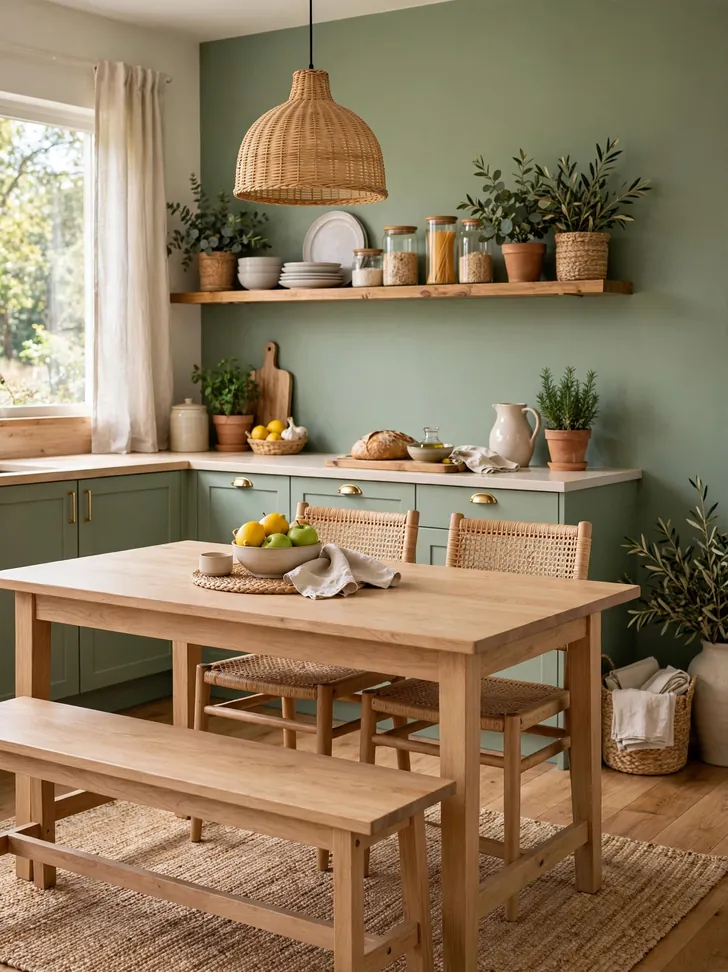 Dining table with a bench tucked underneath in a family kitchen